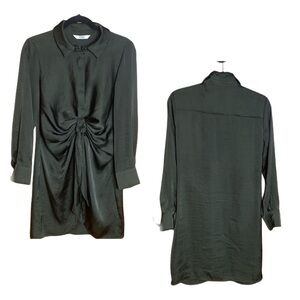 BB Dakota Tie Waist Long Sleeve Satin Shirt Dress mini green collar M
